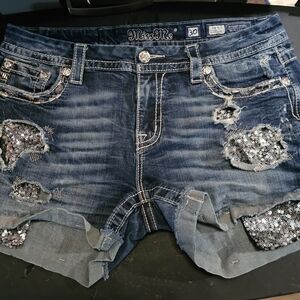 Miss Me Blue Jean Shorts with Lace Detail
